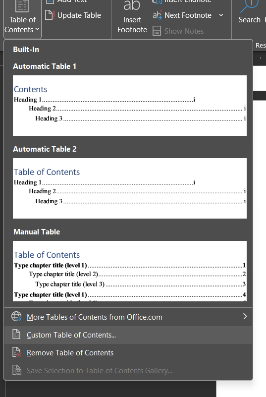 word table of contents