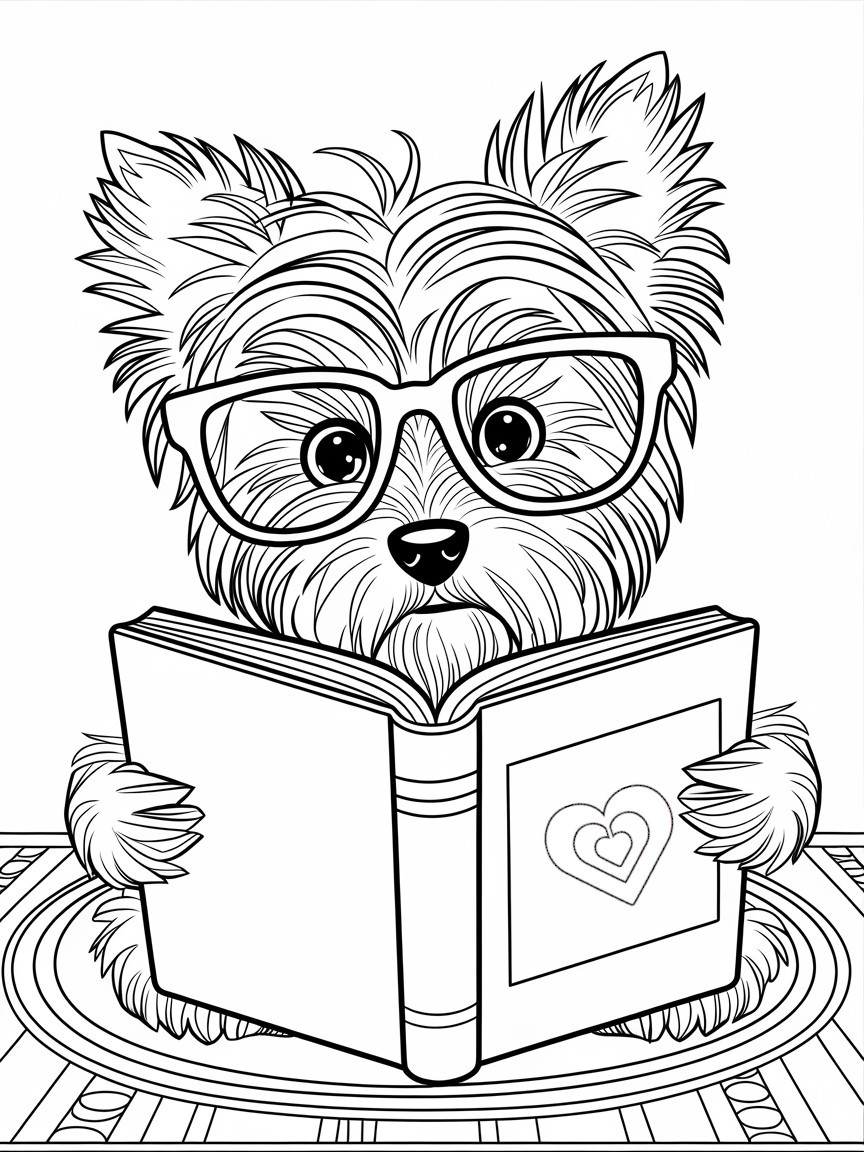 coloring-page-yorkie-reading-book